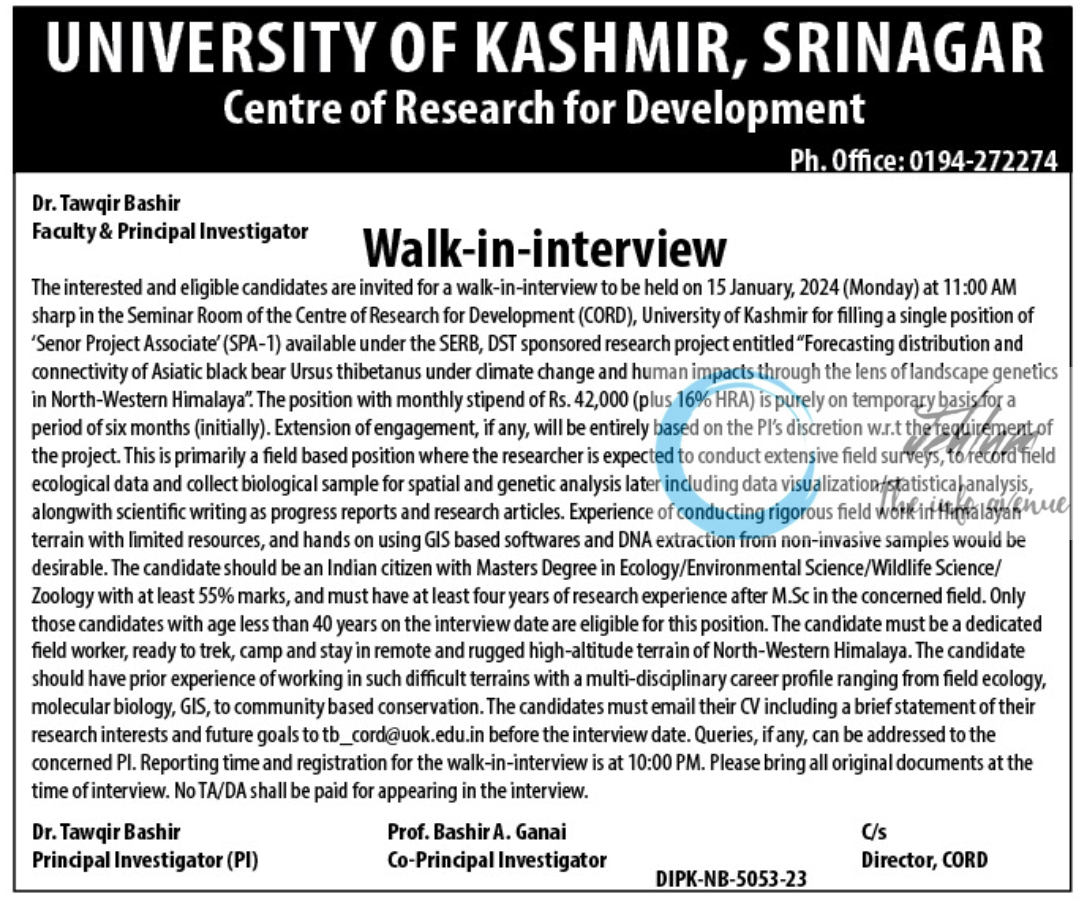 UNIVERSITY OF KASHMIR CENTRE OF RESEARCH FOR DEVELOPMENT SENIOR PROJECT ASSOCIATE WALK-IN-INTERVIEW 2023