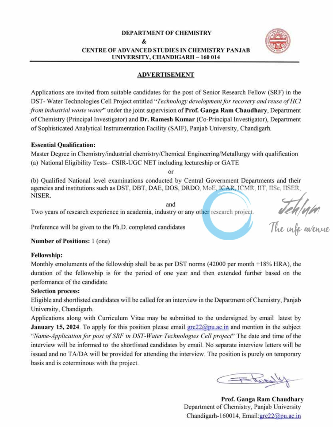 PANJAB UNIVERSITY CHANDIGARH DEPARTMENT OF CHEMISTRY SRF ADVERTISEMENT 2023