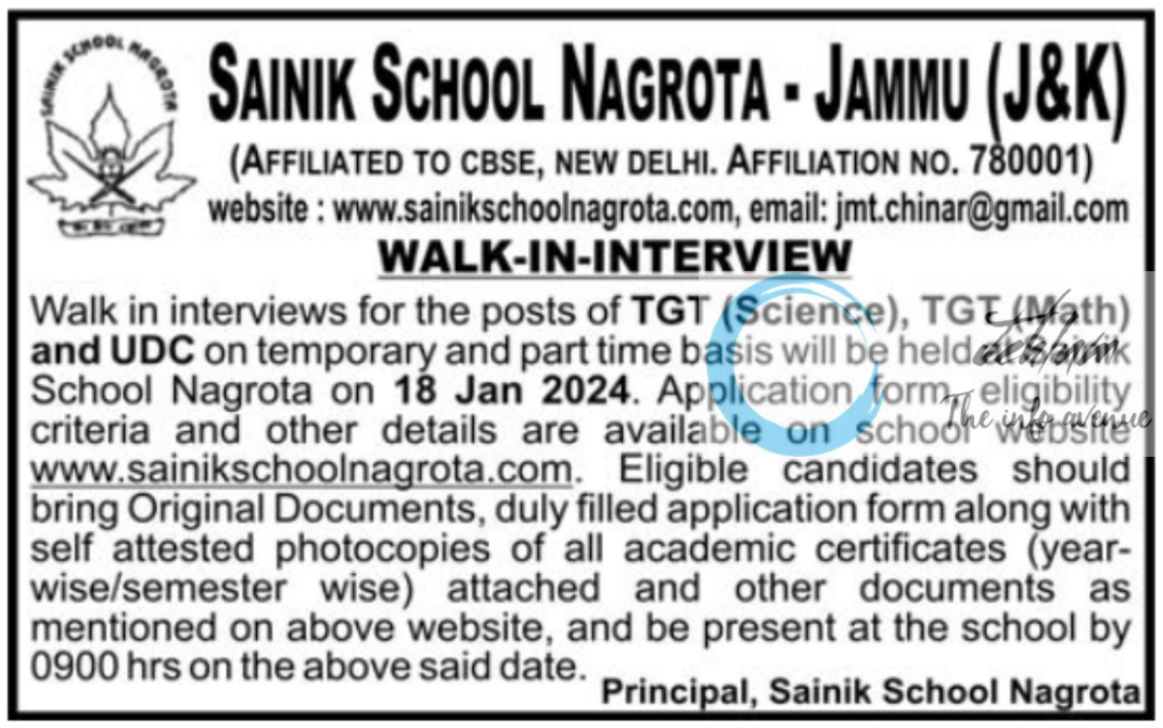 SAINIK SCHOOL NAGROTA WALK-IN-INTERVIEW ADVERTISEMENT 2024