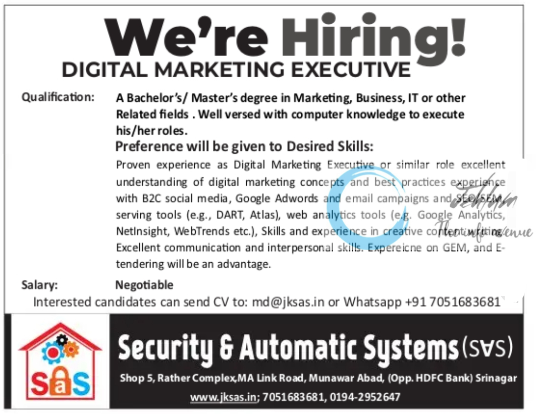 Security and Automatic Systems Srinagar Digital Marketing Jobs 2024