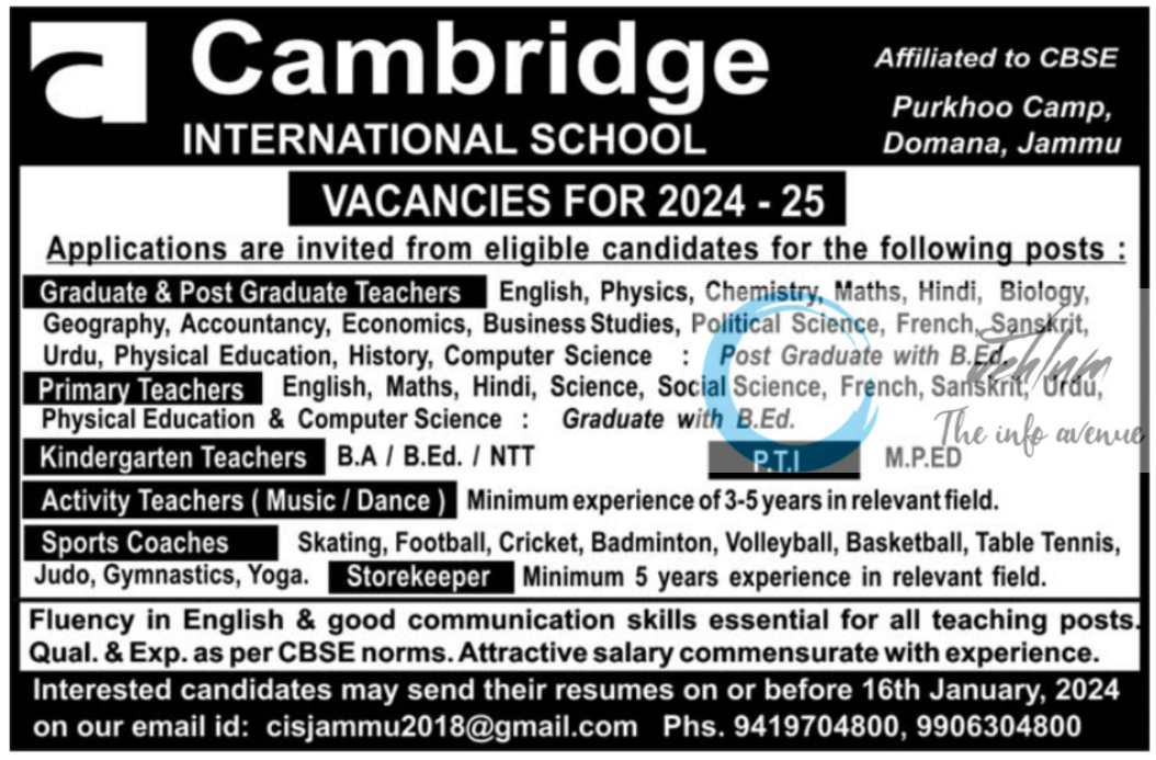 Cambridge International School Jammu Jobs Vacancy 2024