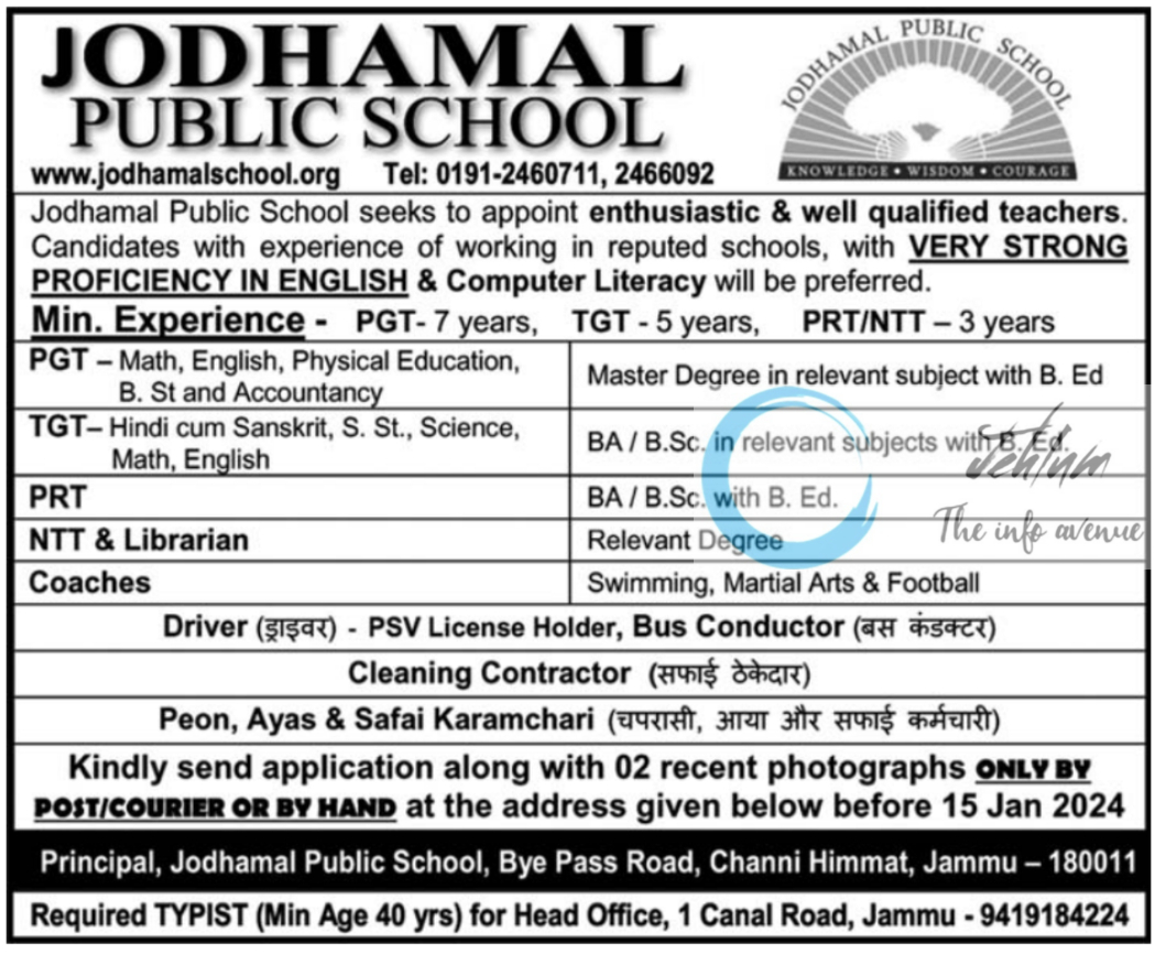 JODHAMAL PUBLIC SCHOOL JAMMU TEACHING JOBS 2024