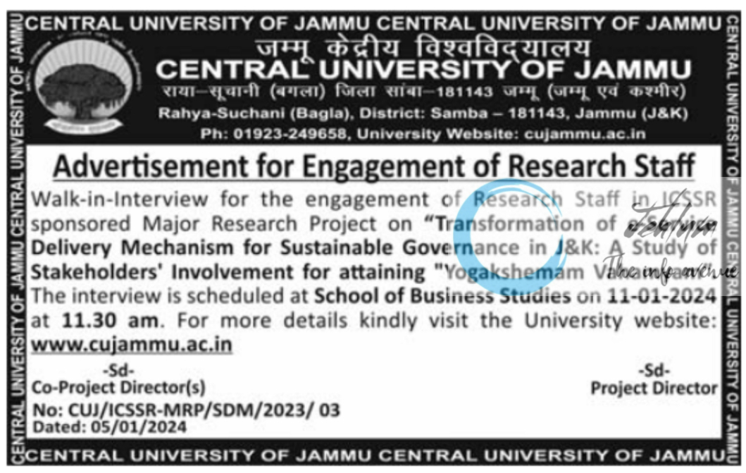 Central University Of Jammu Advertisement for Engagement of Research Staff 2024