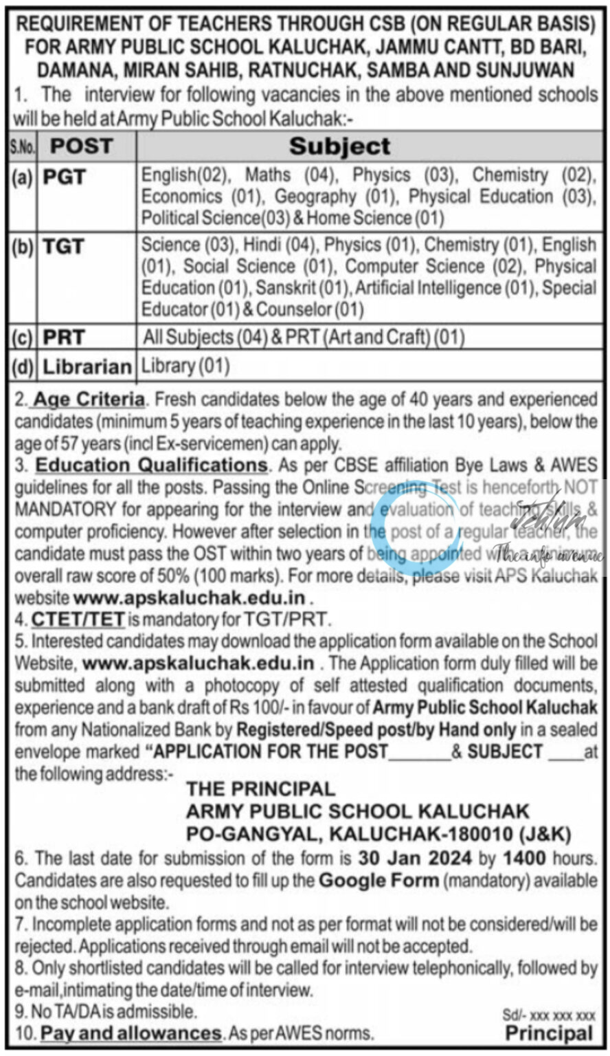 Army Public School Aps Jammu Recruitment Through Csb 2024 On Regular Basis Jehlum The Info 