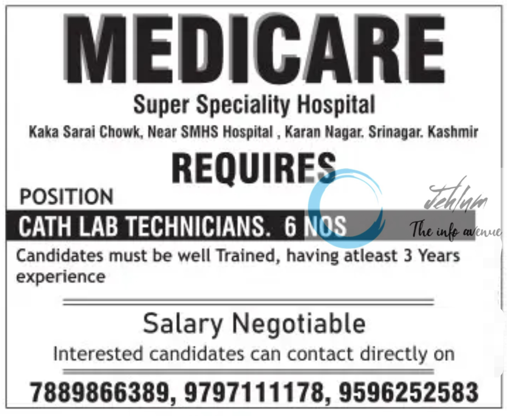 MEDICARE Super Speciality Hospital Srinagar Cath Lab Technician Jobs 2024
