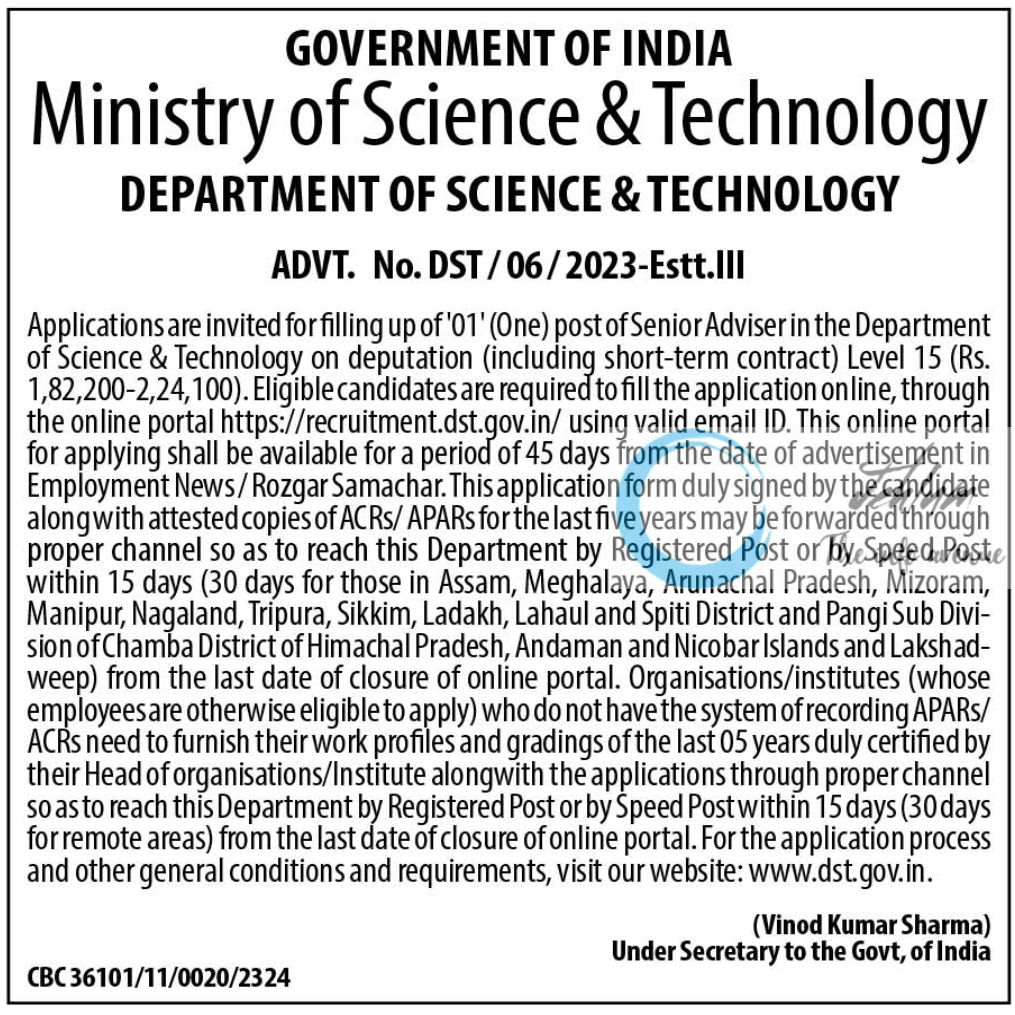 Department of Science & Technology Senior Adviser Recruitment Advertisement 2024