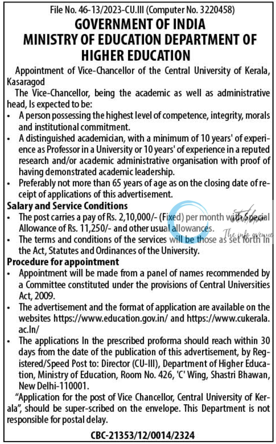 Central University of Kerala Vice-Chancellor Recruitment Advertisement 2024