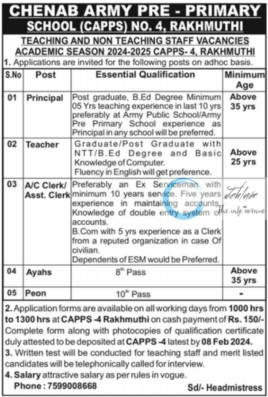 CHENAB ARMY PRE - PRIMARY SCHOOL JAMMU JOBS 2024