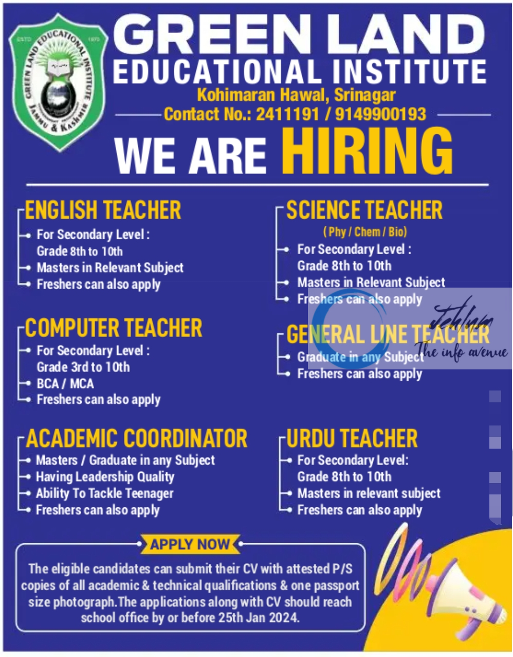 GREEN LAND EDUCATIONAL INSTITUTE SRINAGAR TEACHING JOBS 2024