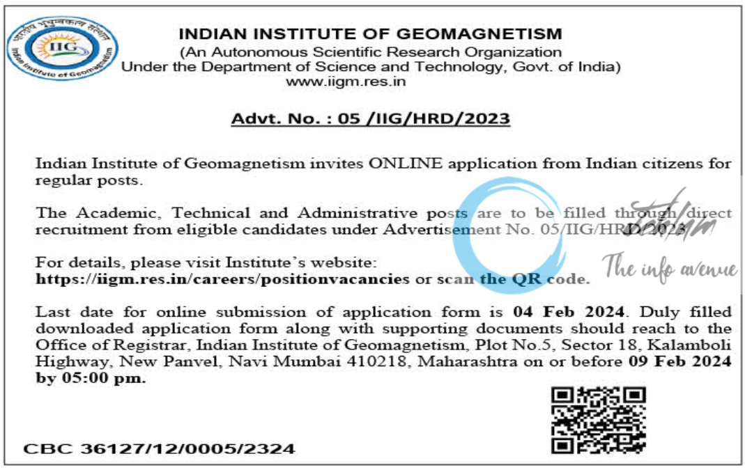 INDIAN INSTITUTE OF GEOMAGNETISM ADVERTISEMENT NO 05 OF 2023-24