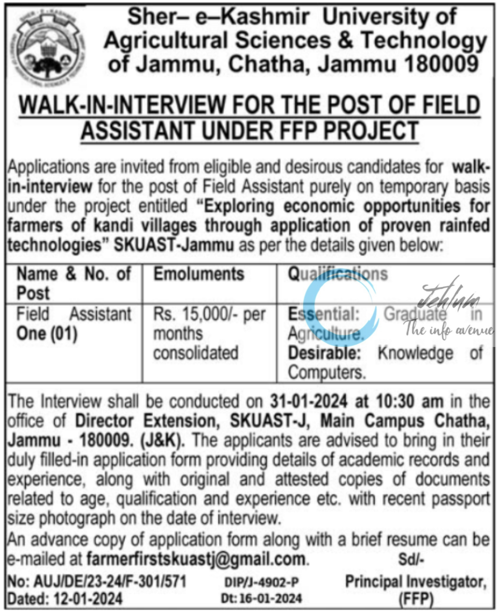 SKUAST JAMMU WALK-IN-INTERVIEW FOR THE POST OF FIELD ASSISTANT UNDER FFP PROJECT 2024