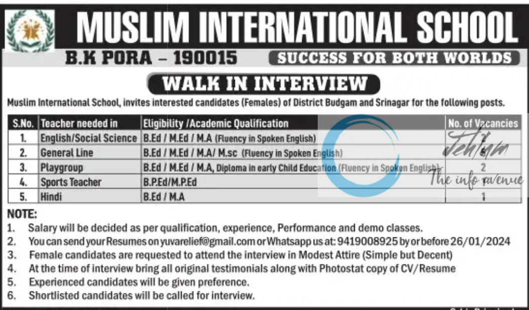 MUSLIM INTERNATIONAL SCHOOL SRINAGAR TEACHING JOBS 2024