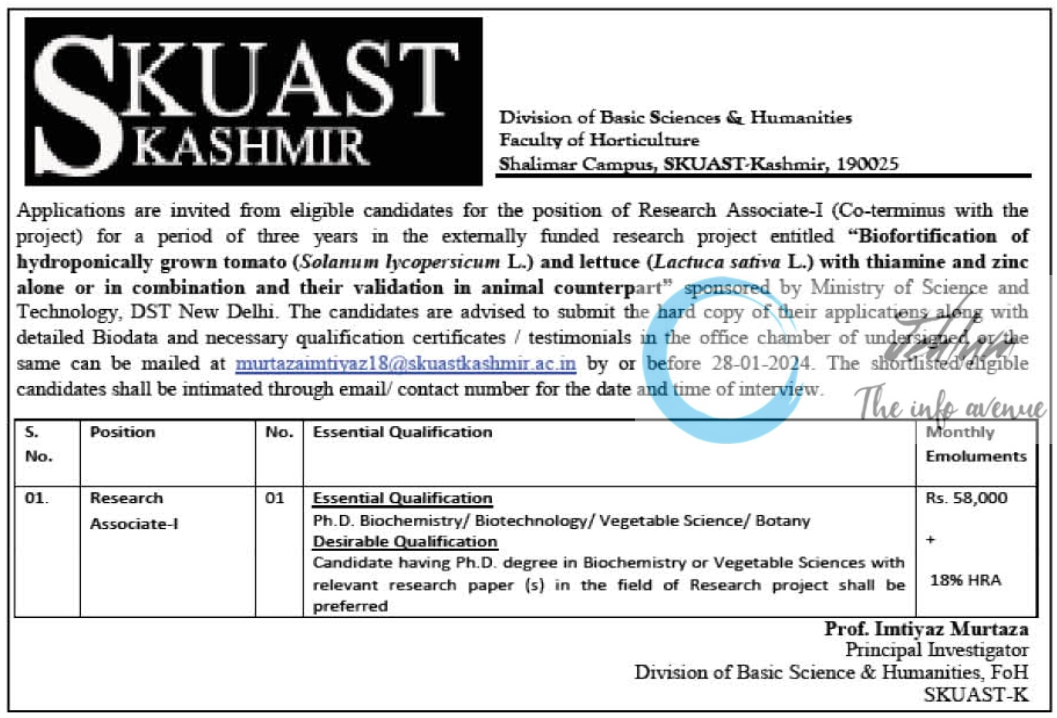 SKUAST-Kashmir Faculty of Horticulture Division of Basic Sciences & Humanities Advertisement 2024