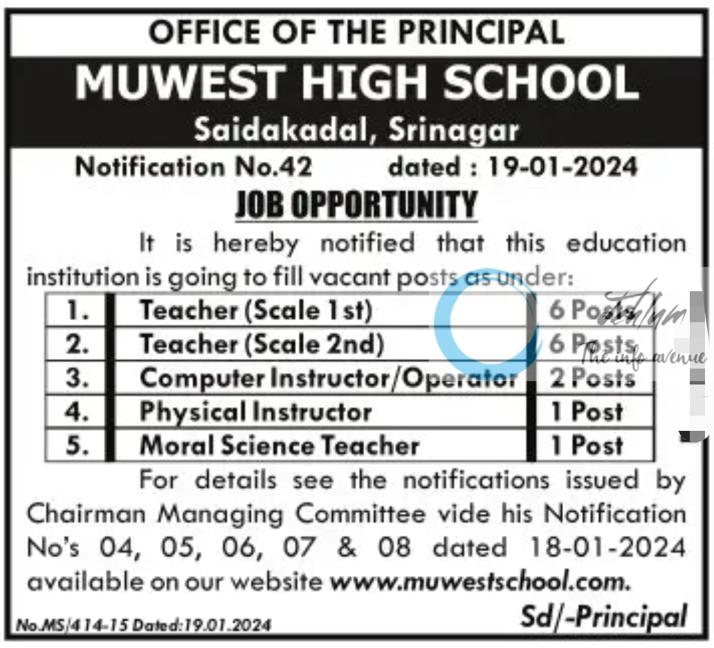 MUWEST HIGH SCHOOL SRINAGAR JOBS NOTIFICATION NO 42 OF 2024