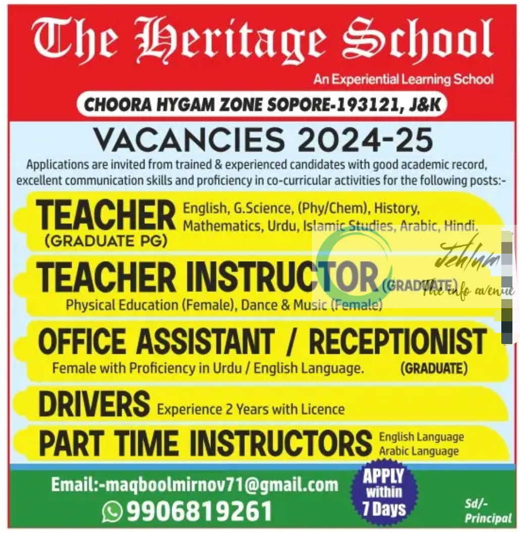 The Heritage School Baramulla Teaching Jobs 2024