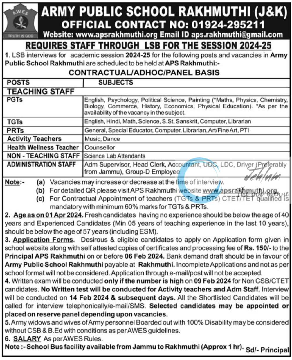 ARMY PUBLIC SCHOOL RAKHMUTHI REQUIRES STAFF THROUGH LSB FOR THE SESSION 2024-25