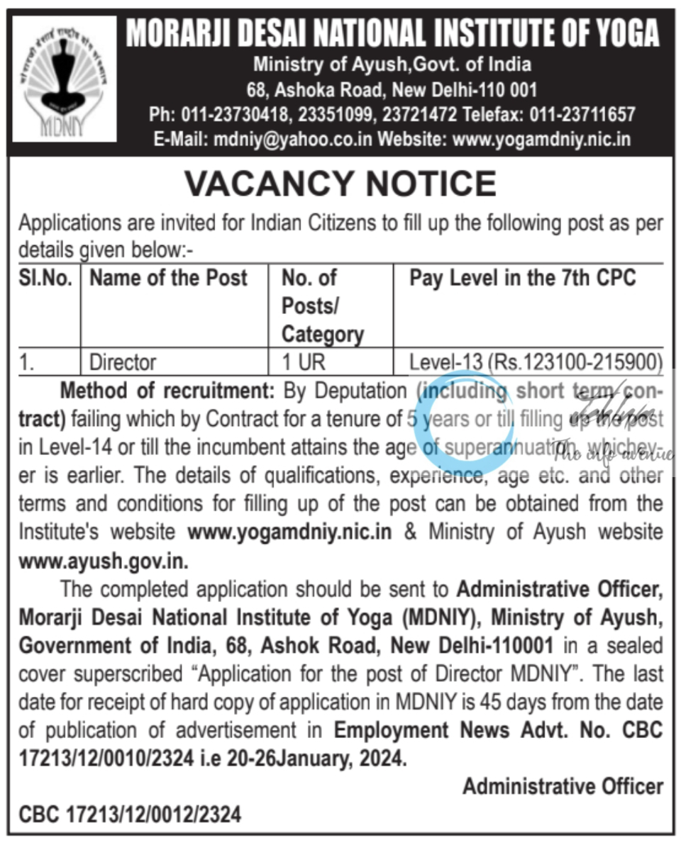 MORARJI DESAI NATIONAL INSTITUTE OF YOGA MDNIY VACANCY NOTICE 2024