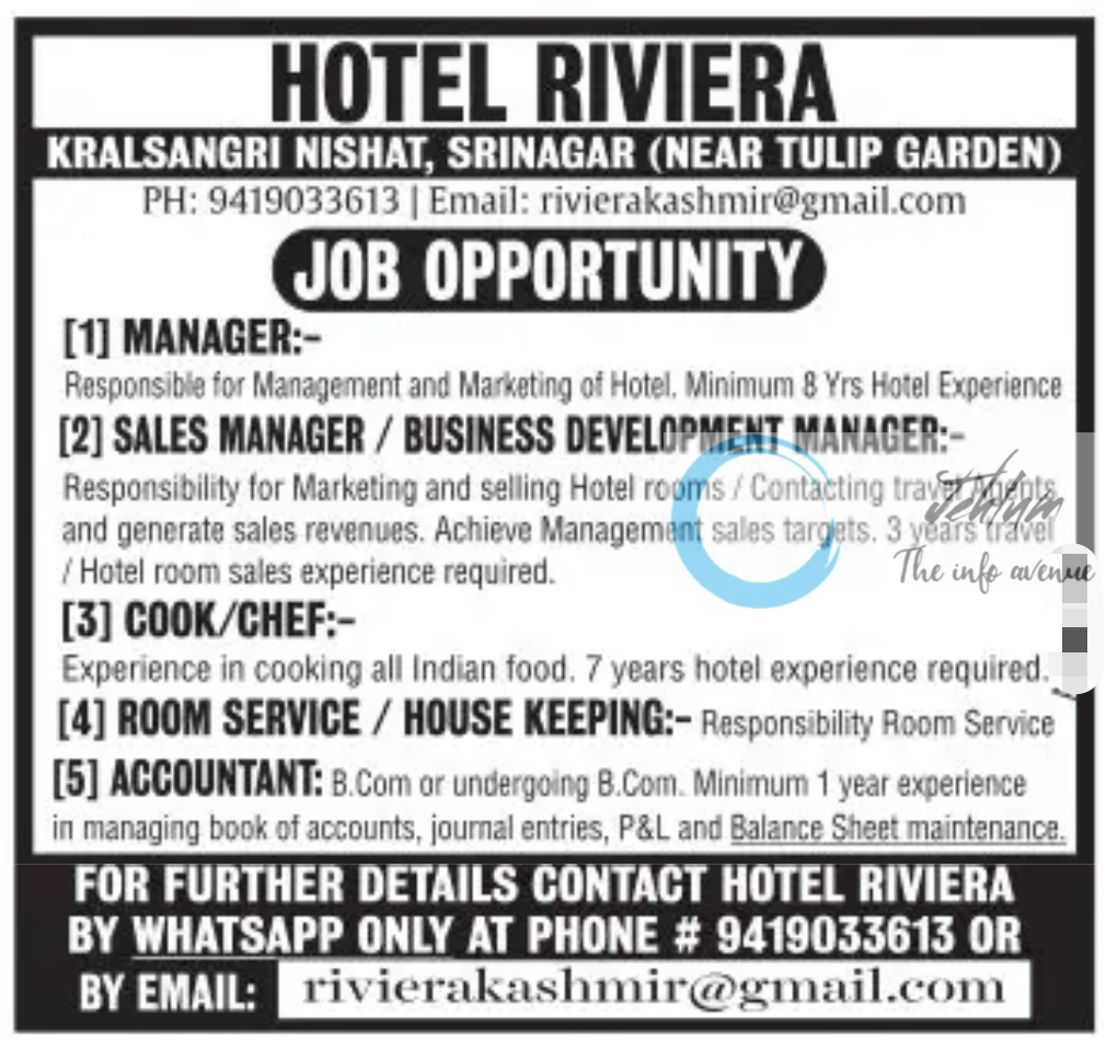 HOTEL RIVIERA SRINAGAR JOBS 2024