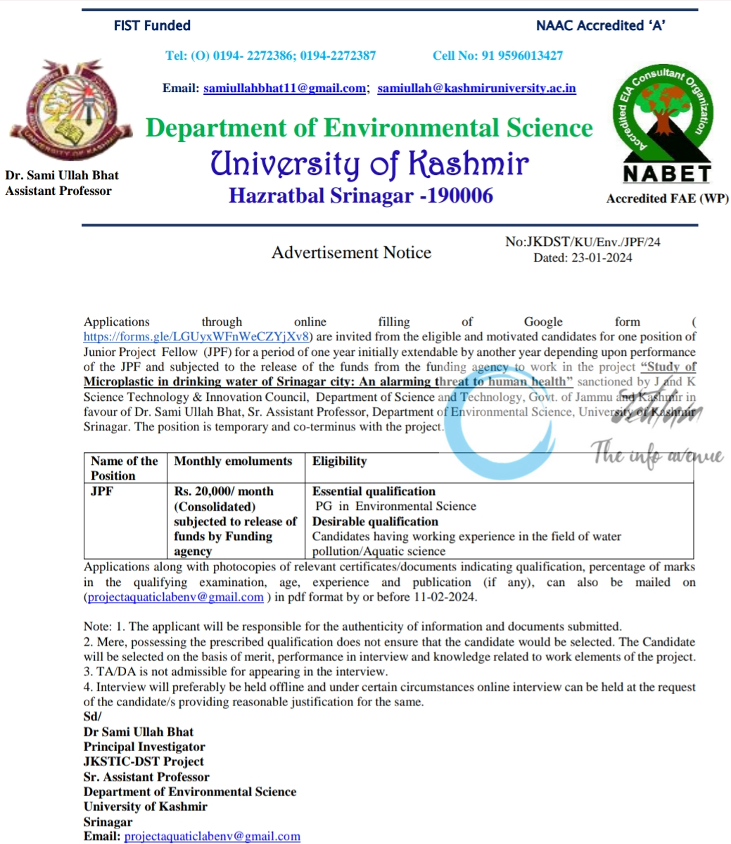 University of Kashmir Department of Environmental Science Junior Project Fellow Advertisement Notice 2024