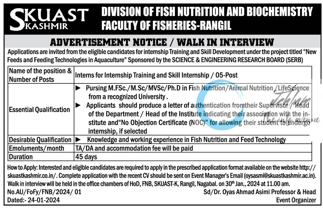 SKUAST KASHMIR DIVISION OF FISH NUTRITION AND BIOCHEMISTRY ADVERTISEMENT NOTICE 2024