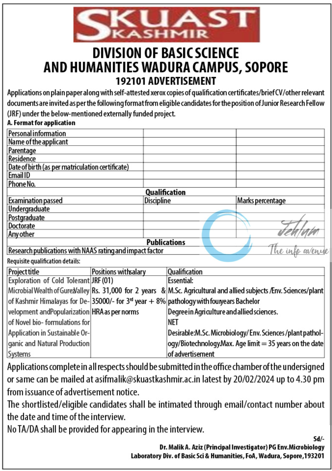 SKUAST KASHMIR DIVISION OF BASIC SCIENCE AND HUMANITIES JRF ADVERTISEMENT 2024