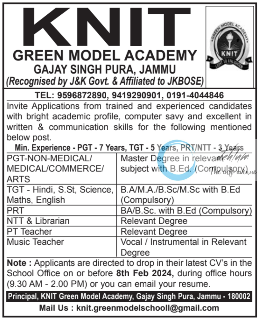 KNIT GREEN MODEL ACADEMY JAMMU JOBS OPENINGS 2024