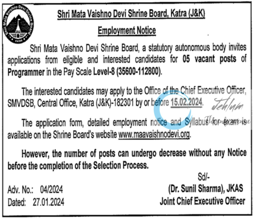SMVDSB Katra Employment Advt Notice No 04 of 2024