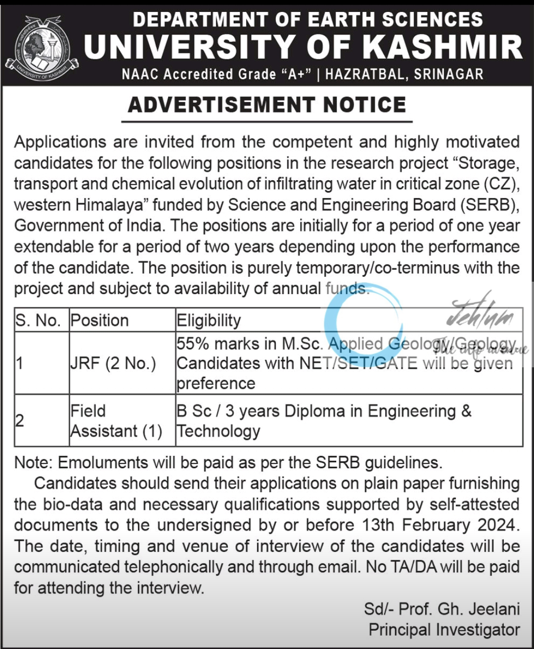 UNIVERSITY OF KASHMIR DEPARTMENT OF EARTH SCIENCES ADVERTISEMENT NOTICE 2024