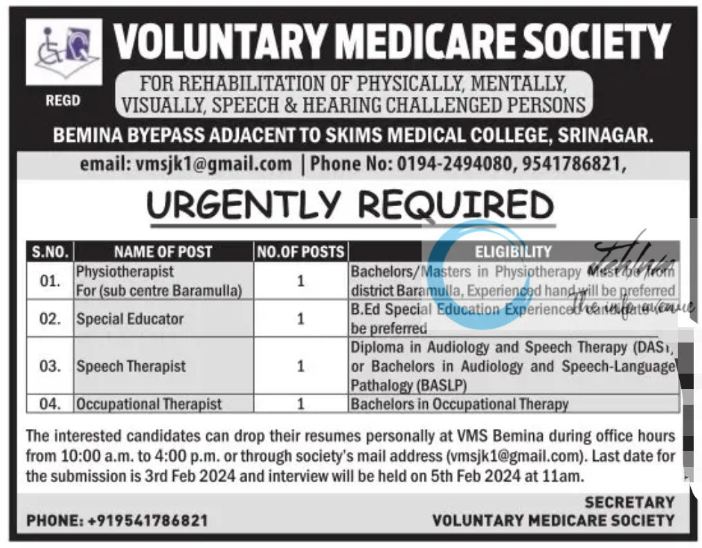 VOLUNTARY MEDICARE SOCIETY SRINAGAR JOBS 2024