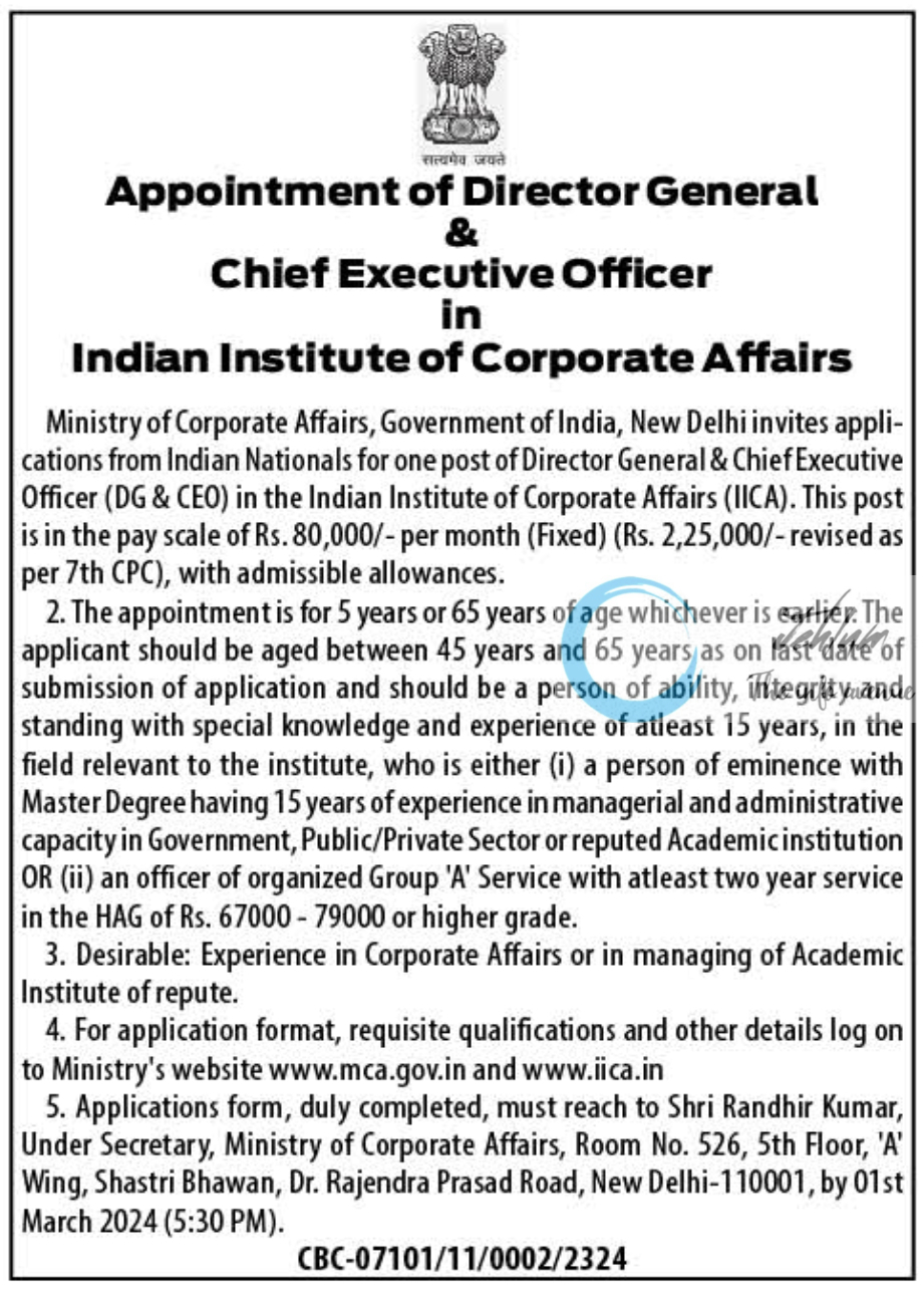 Indian Institute of Corporate Affairs Appointment of Director General And Chief Executive Officer 2024