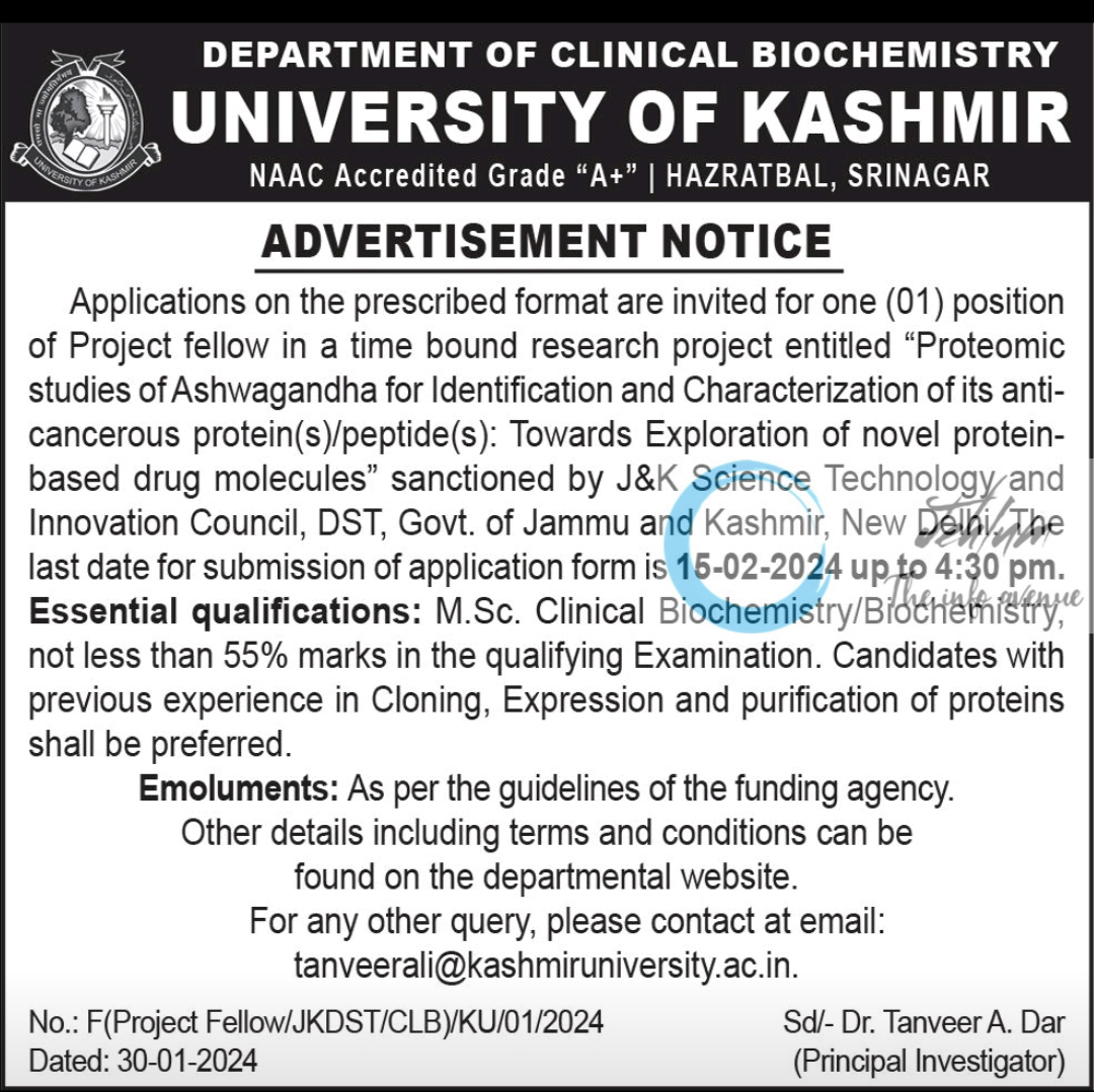 UNIVERSITY OF KASHMIR DEPARTMENT OF CLINICAL BIOCHEMISTRY ADVERTISEMENT NOTICE NO 01 OF 2024