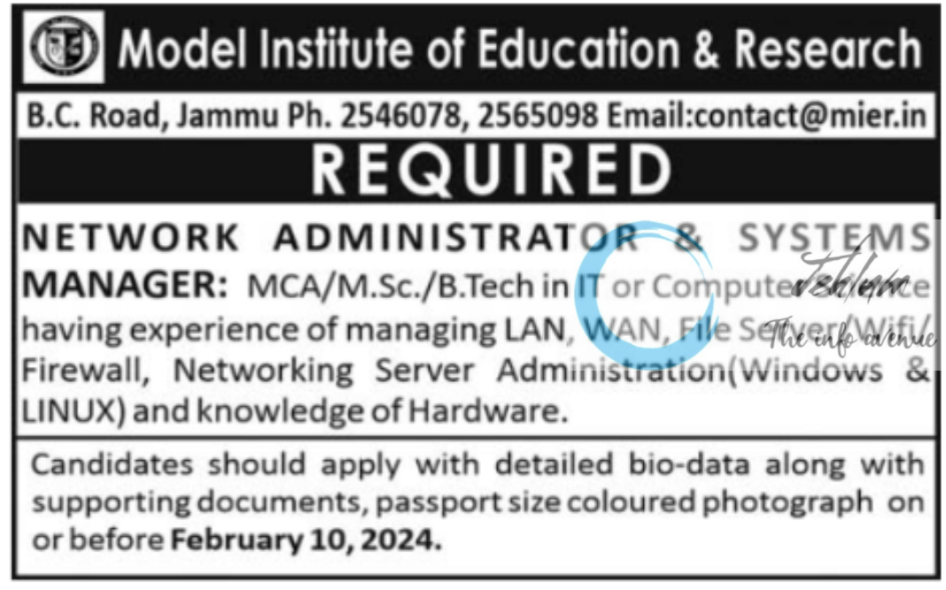 Model Institute of Education & Research Jammu Jobs 2024