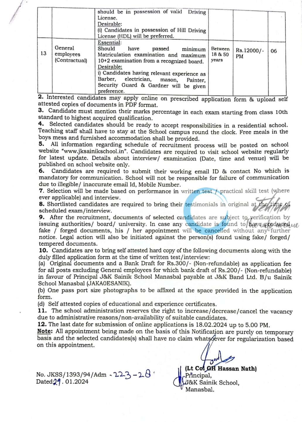 J&K Sainik School Manasbal Jobs Advertisement Notification 2024