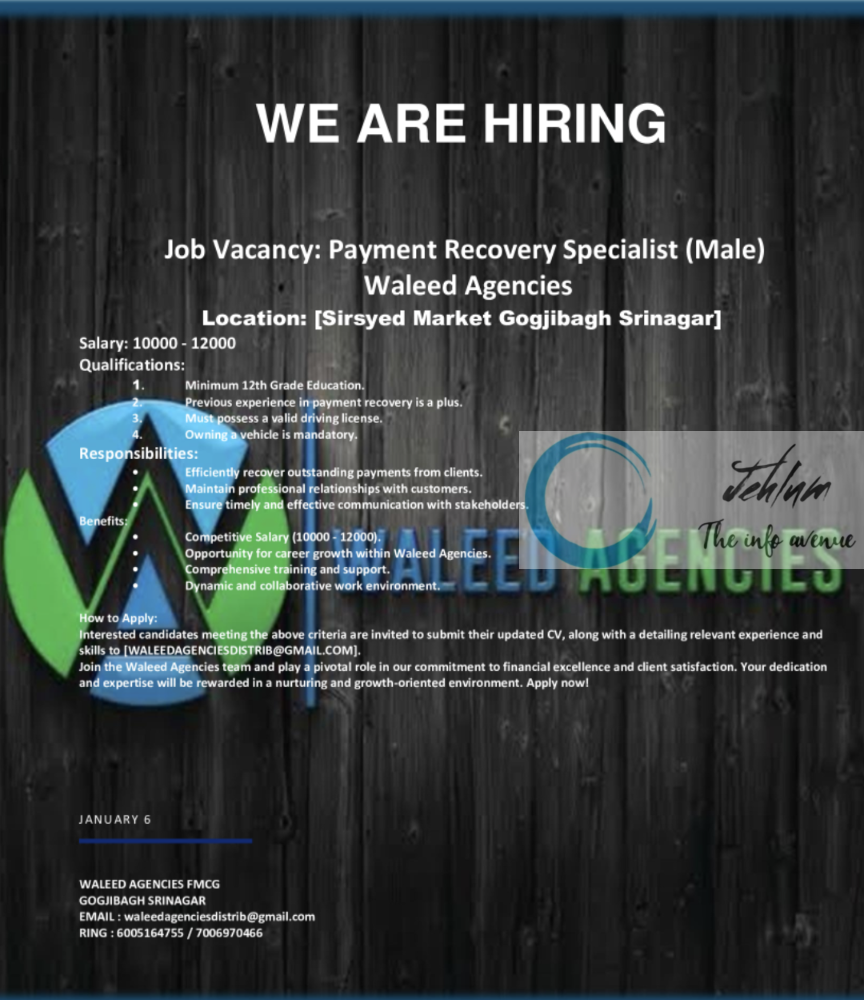 Waleed Agencies Srinagar Payment Recovery Specialist Job Vacancy 2024