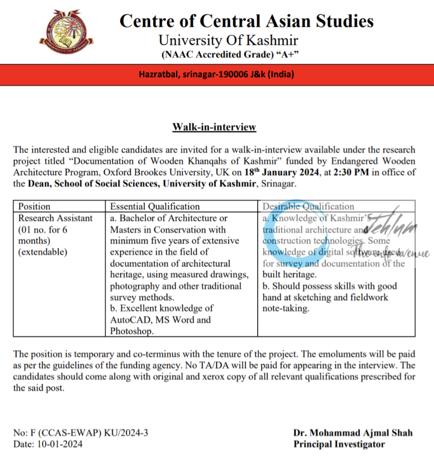 University Of Kashmir Centre of Central Asian Studies Walk-in-Interview 2024