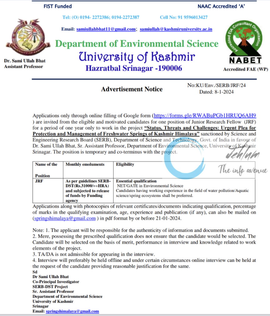 University of Kashmir Department of Environmental Science JRF Advertisement Notice 2024