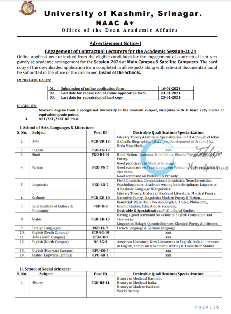 University of Kashmir Academic Arrangement Advertisement Notice No 01 of 2024