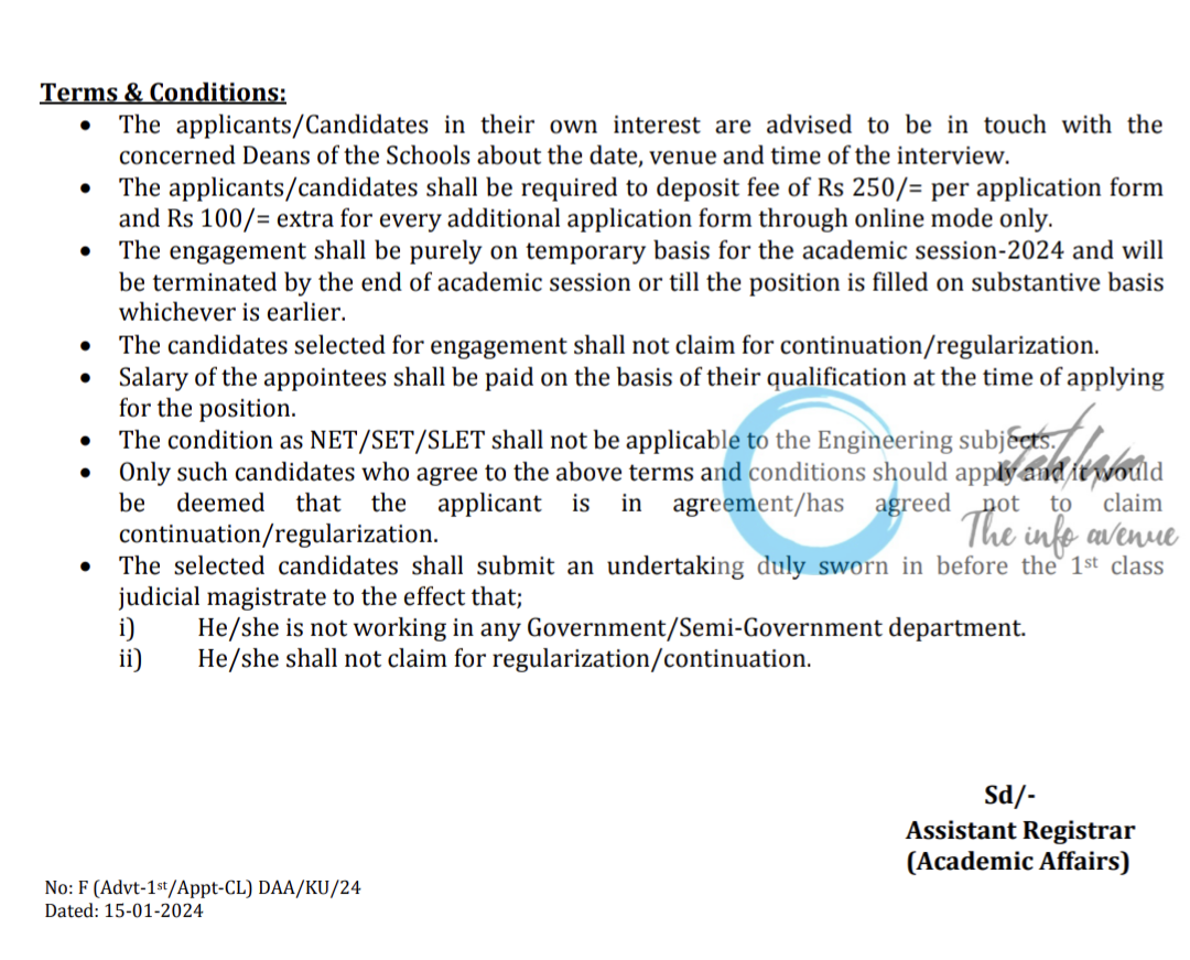 University of Kashmir Academic Arrangement Advertisement Notice No 01 of 2024