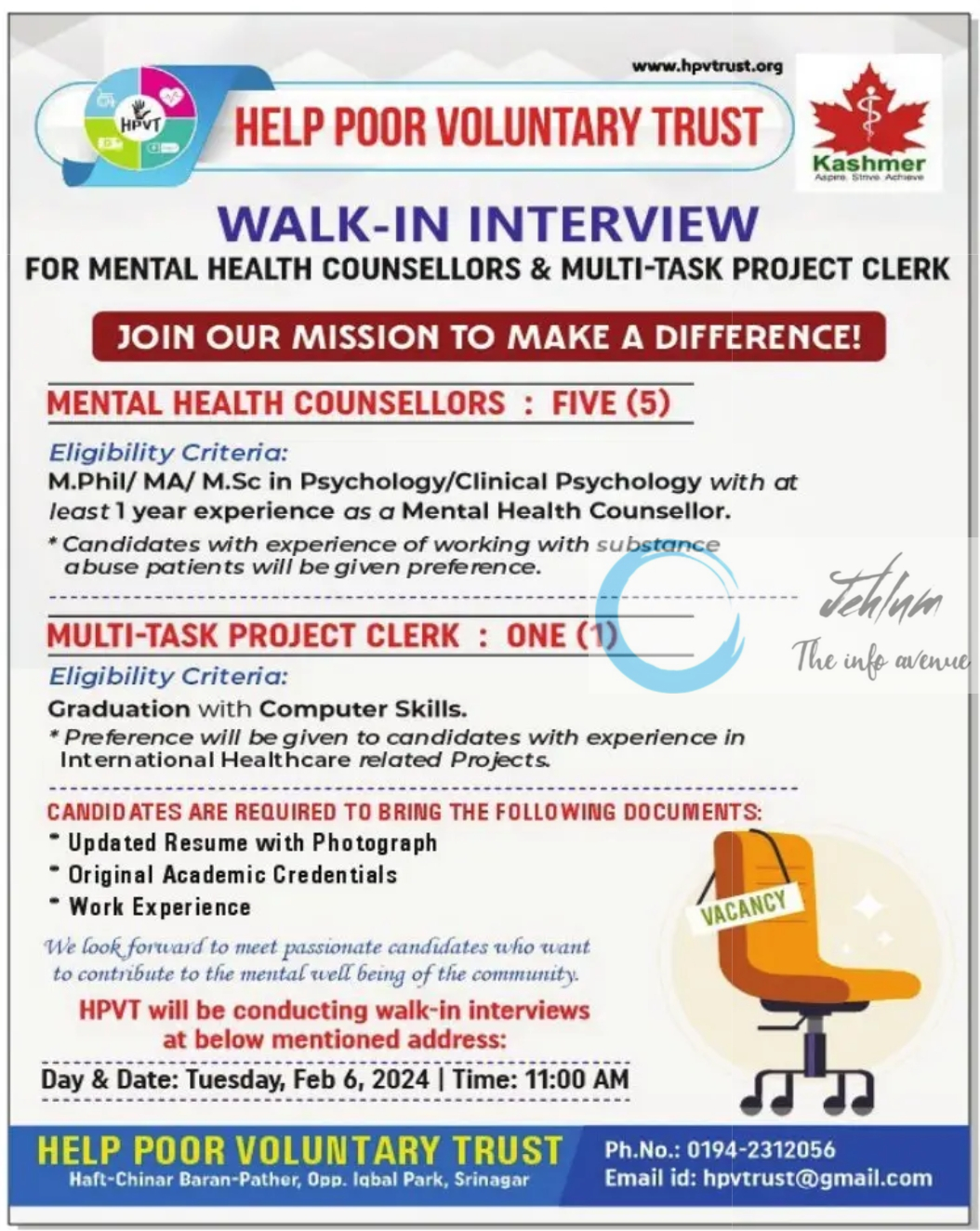 HELP POOR VOLUNTARY TRUST SRINAGAR WALK-IN INTERVIEW NOTIFICATION 2024