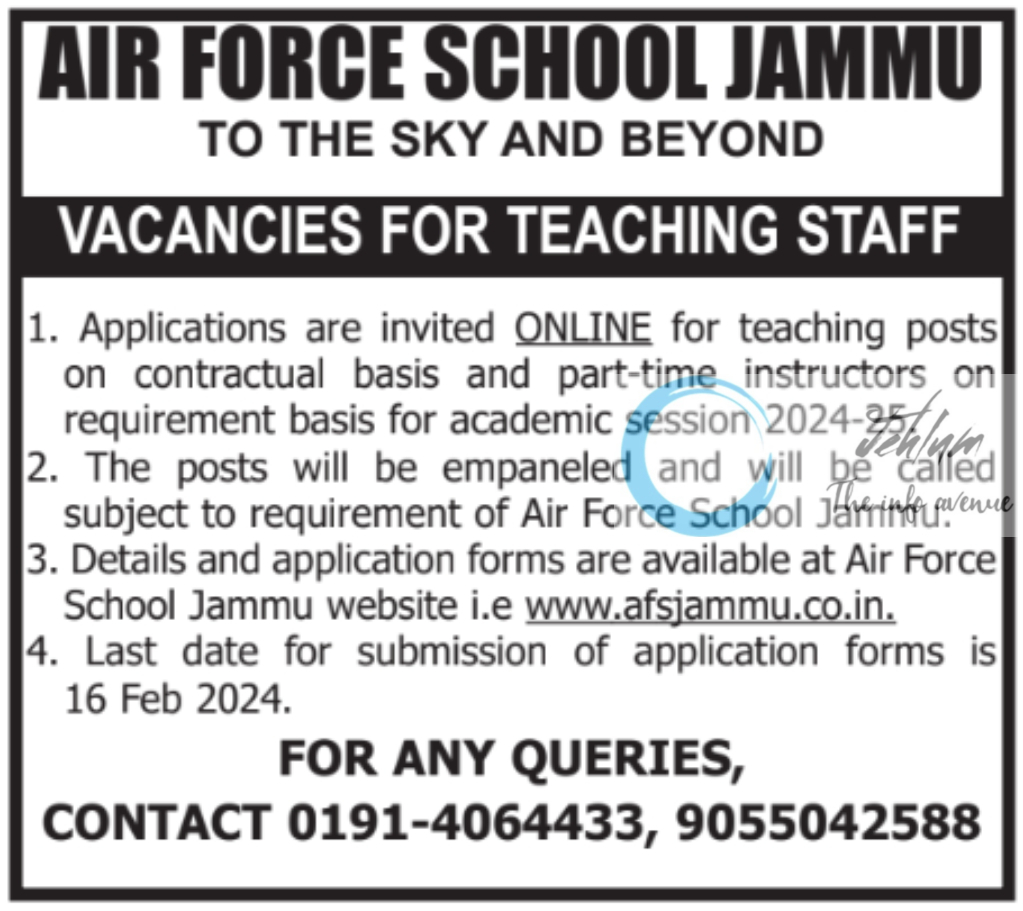 AIR FORCE SCHOOL JAMMU VACANCIES FOR TEACHING STAFF 2024