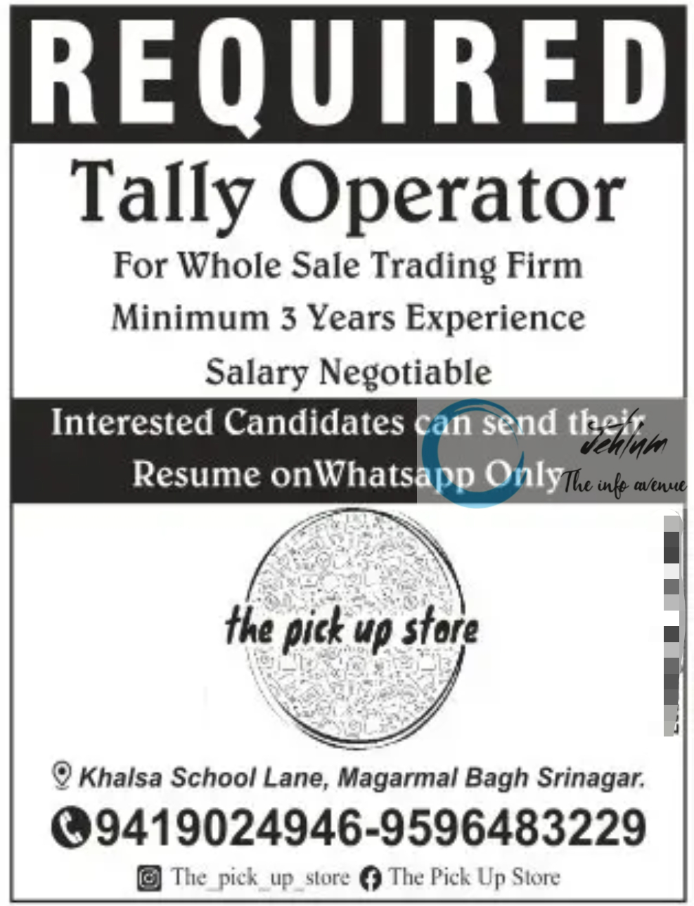 The Pick Up Store Srinagar Jobs Vacancy 2024