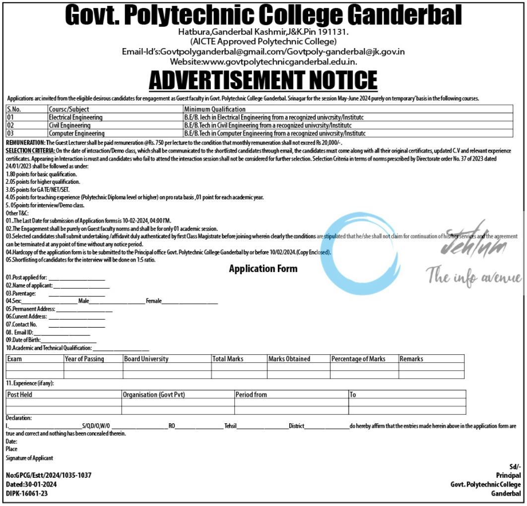 Govt Polytechnic College Ganderbal Jobs Advertisement Notice 2024