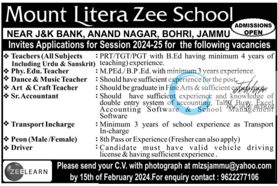 Mount Litera Zee School Jammu Jobs 2024