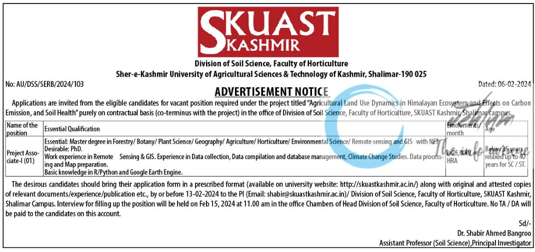 SKUAST Kashmir Division of Soil Science Faculty of Horticulture Advertisement Notice 2024
