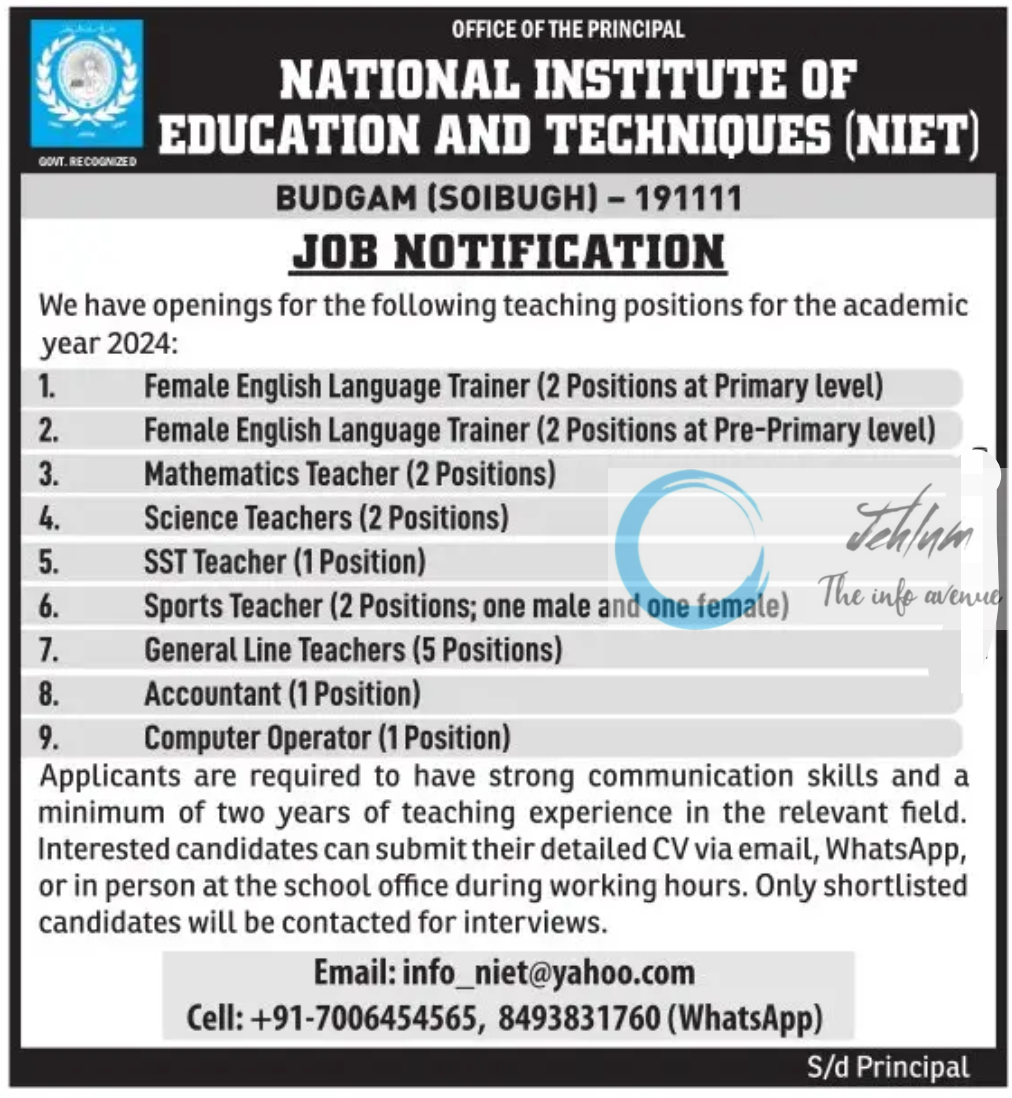 NATIONAL INSTITUTE OF EDUCATION AND TECHNIQUES NIET BUDGAM JOBS NOTIFICATION 2024