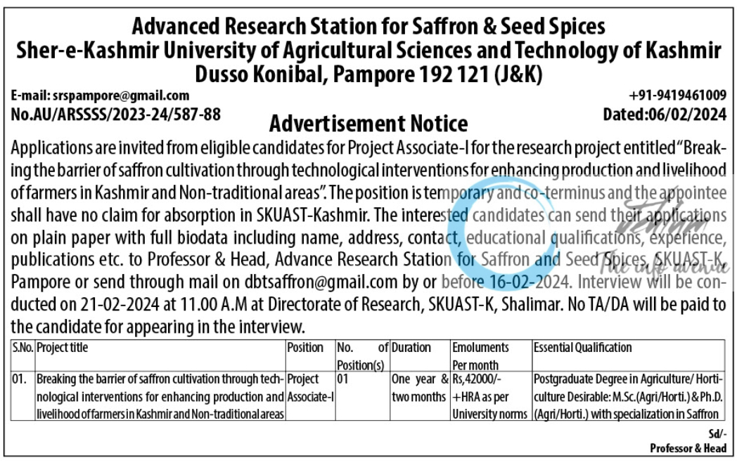 SKUAST-Kashmir Advanced Research Station for Saffron And Seed Spices Advertisement Notice 2024