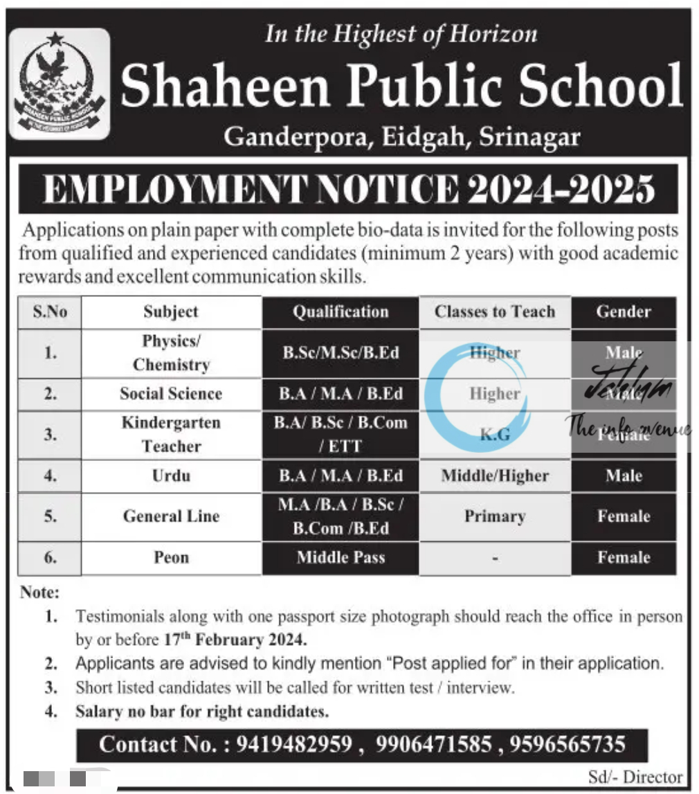 Shaheen Public School Srinagar Employment Notice 2024-2025