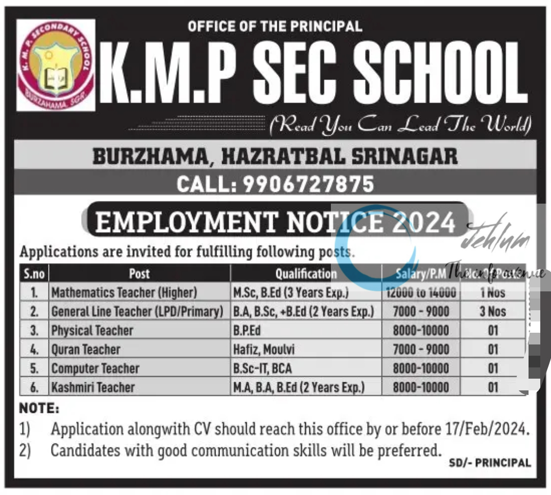 KMP SEC SCHOOL SRINAGAR TEACHING JOBS 2024