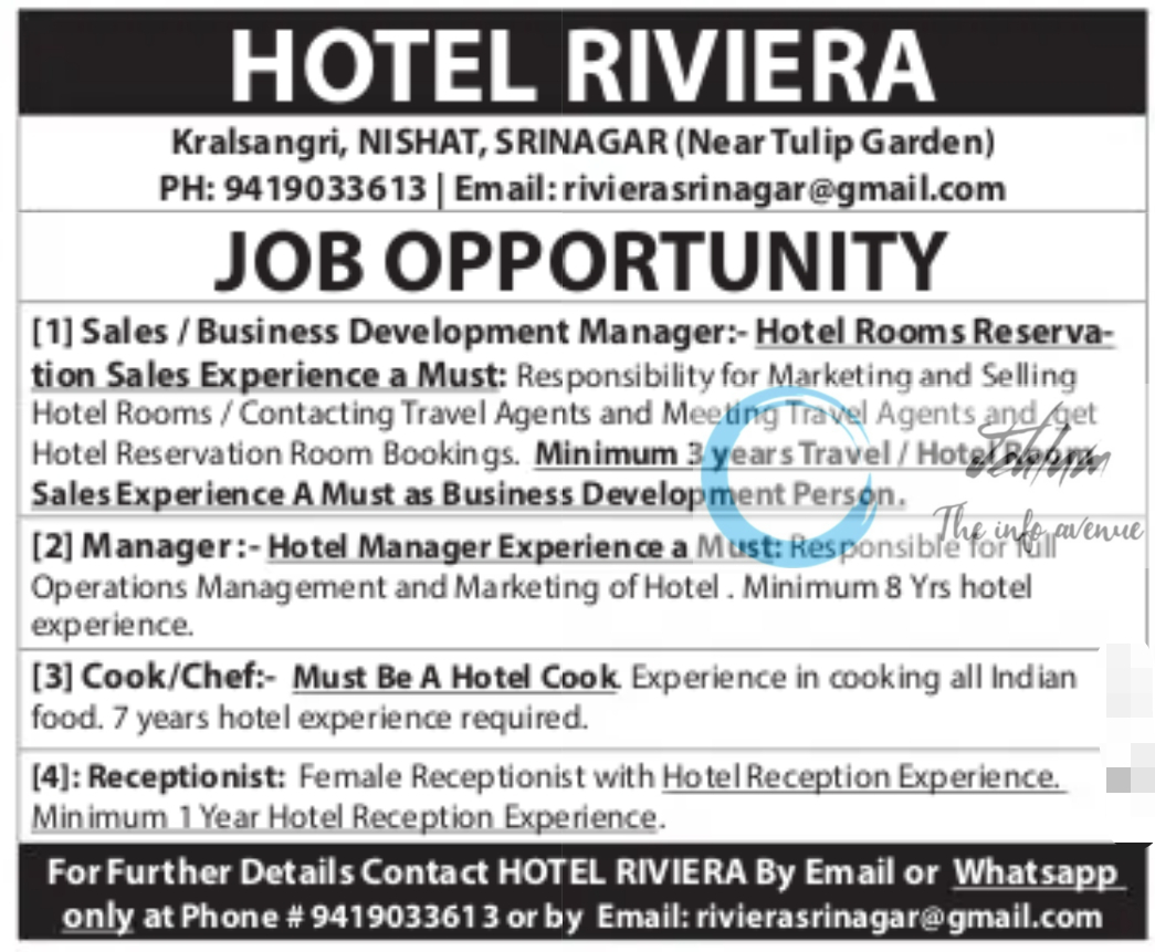 HOTEL RIVIERA SRINAGAR JOBS OPENINGS 2024