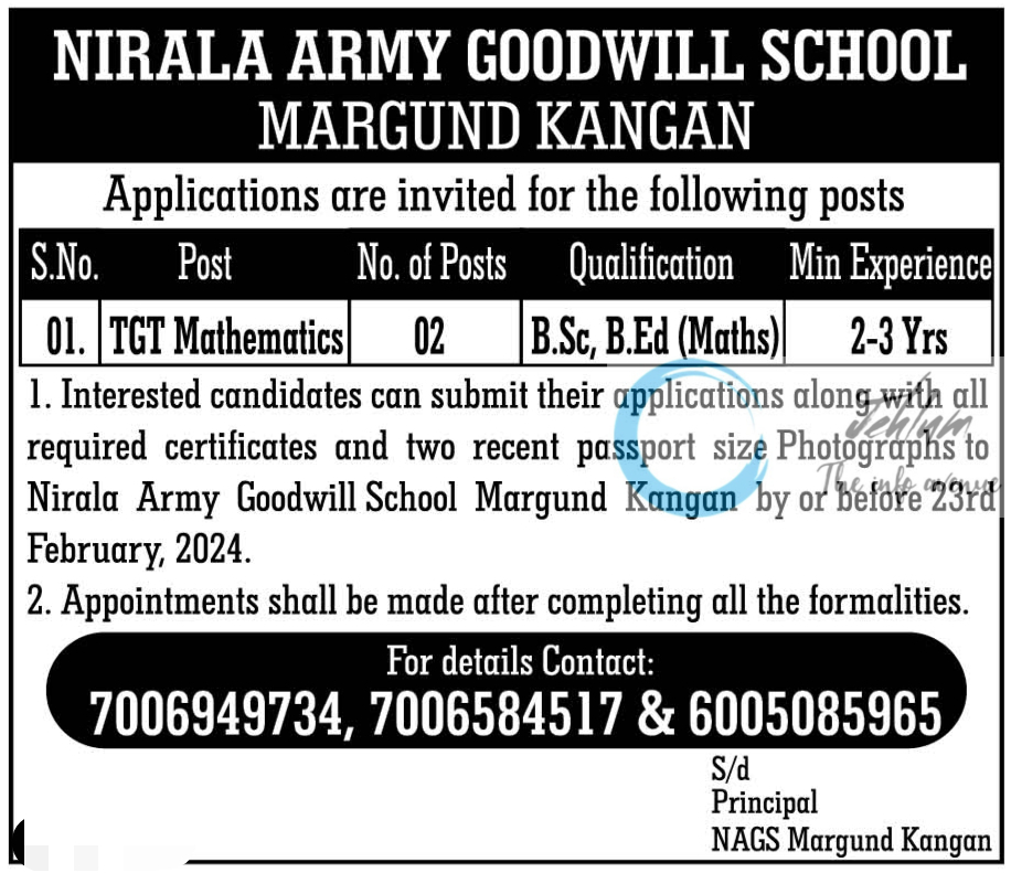NIRALA ARMY GOODWILL SCHOOL KANGAN JOBS 2024